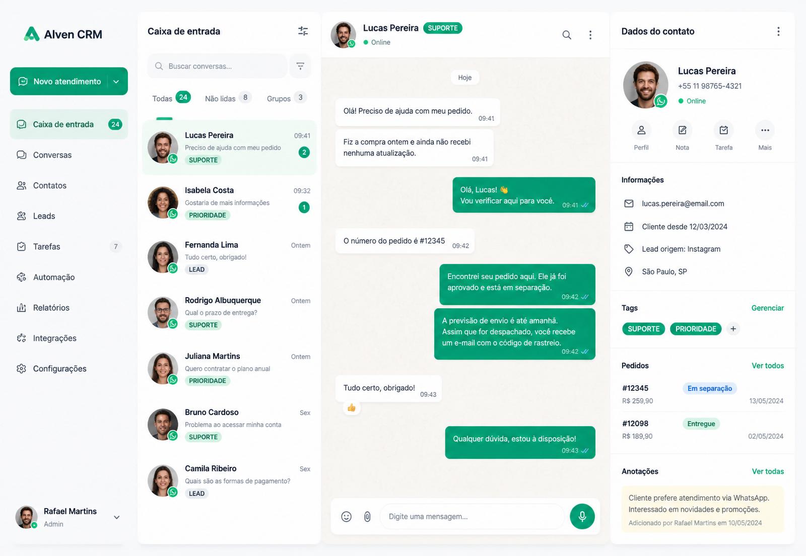 Interface do Alven CRM mostrando o inbox unificado do WhatsApp